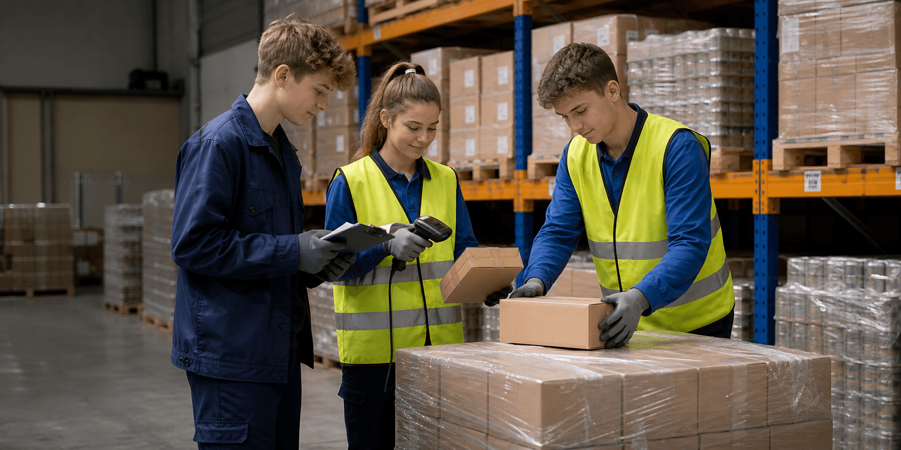 Student summer workers handling sealed cartons in the SIA Unda finished-goods warehouse