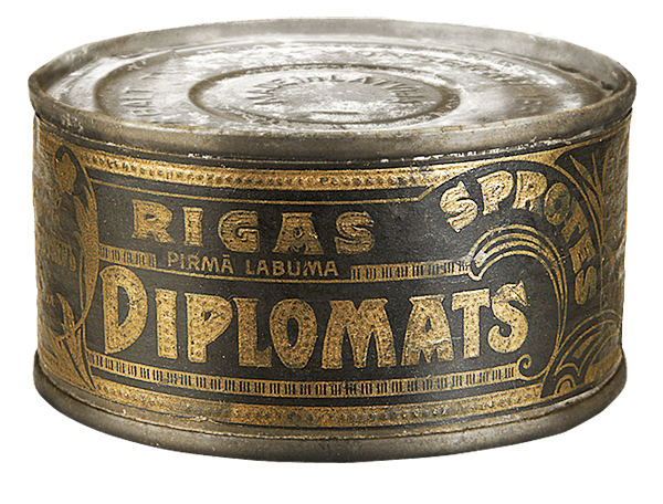 Vēsturiska Diplomats Rīgas šprotu kārba ar novecojušu metāla etiķeti