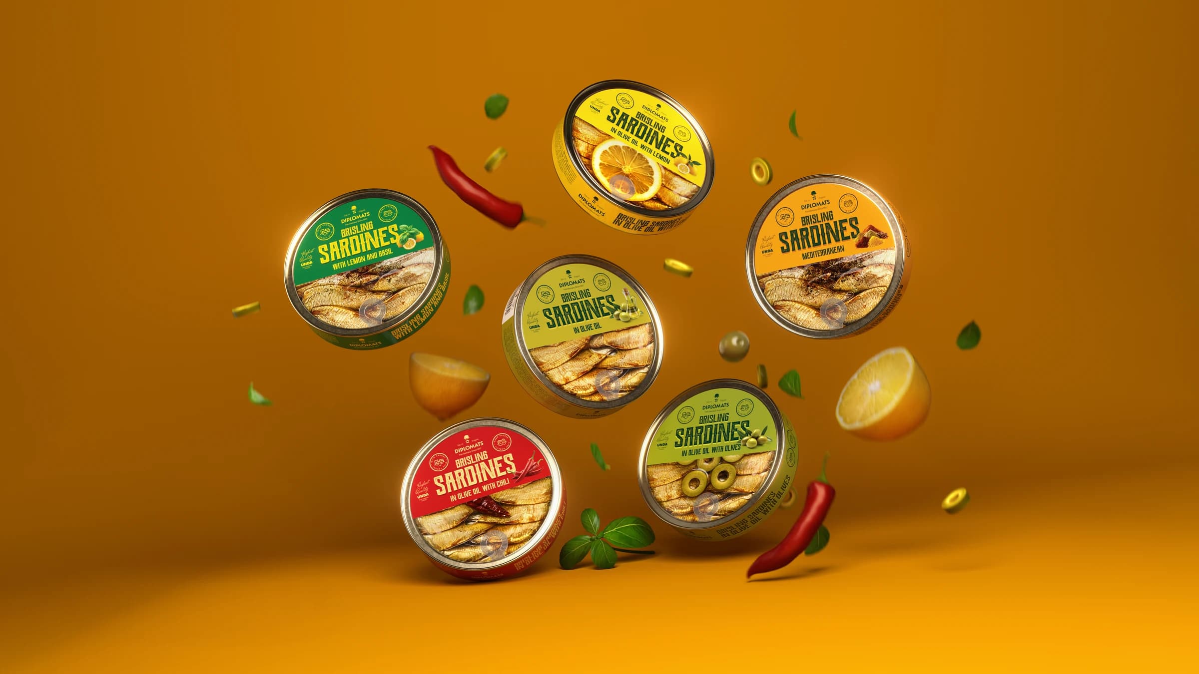 Diplomats Brisling Sardines — six flavours in cans with transparent lids