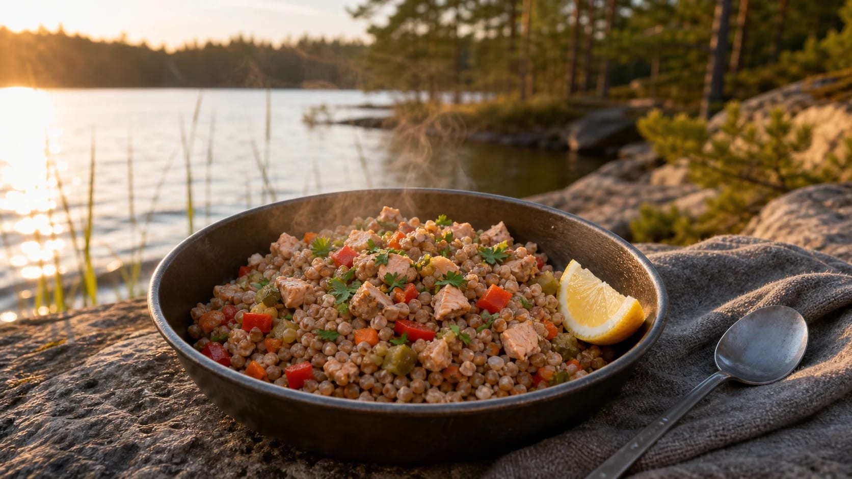 Gatava maltīte pasniegta pie mierīga ezera.