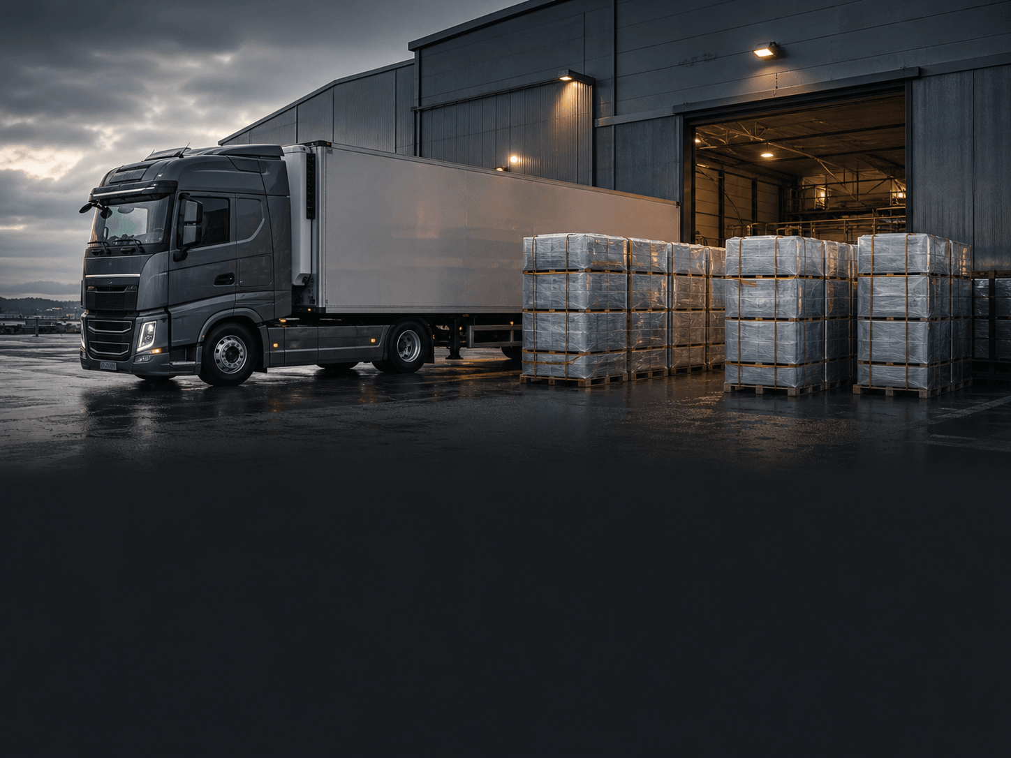 Distribution truck beside prepared pallets at a loading facility