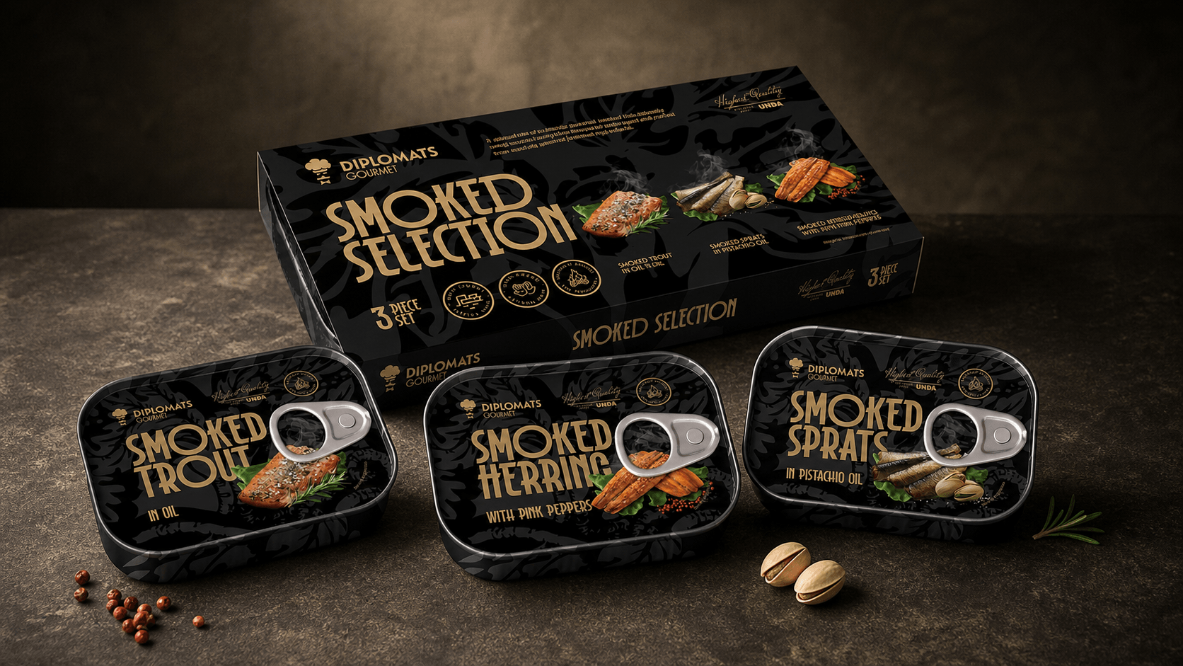 Diplomats Gourmet smoked trout, herring and sprats tins with the Smoked Selection box