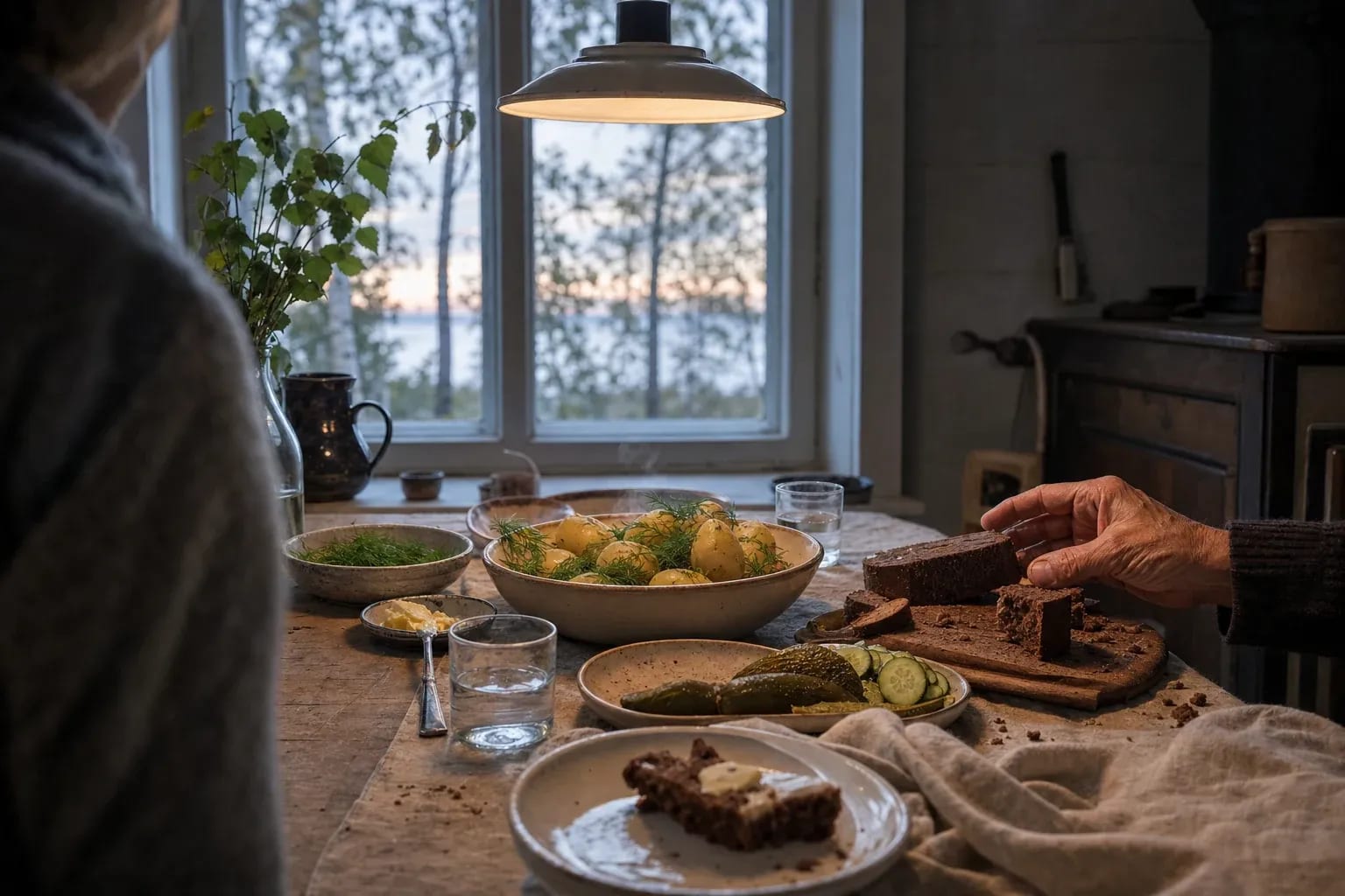 Ģimene pie klāta galda mājīgā Latvijas piekrastes mājā.