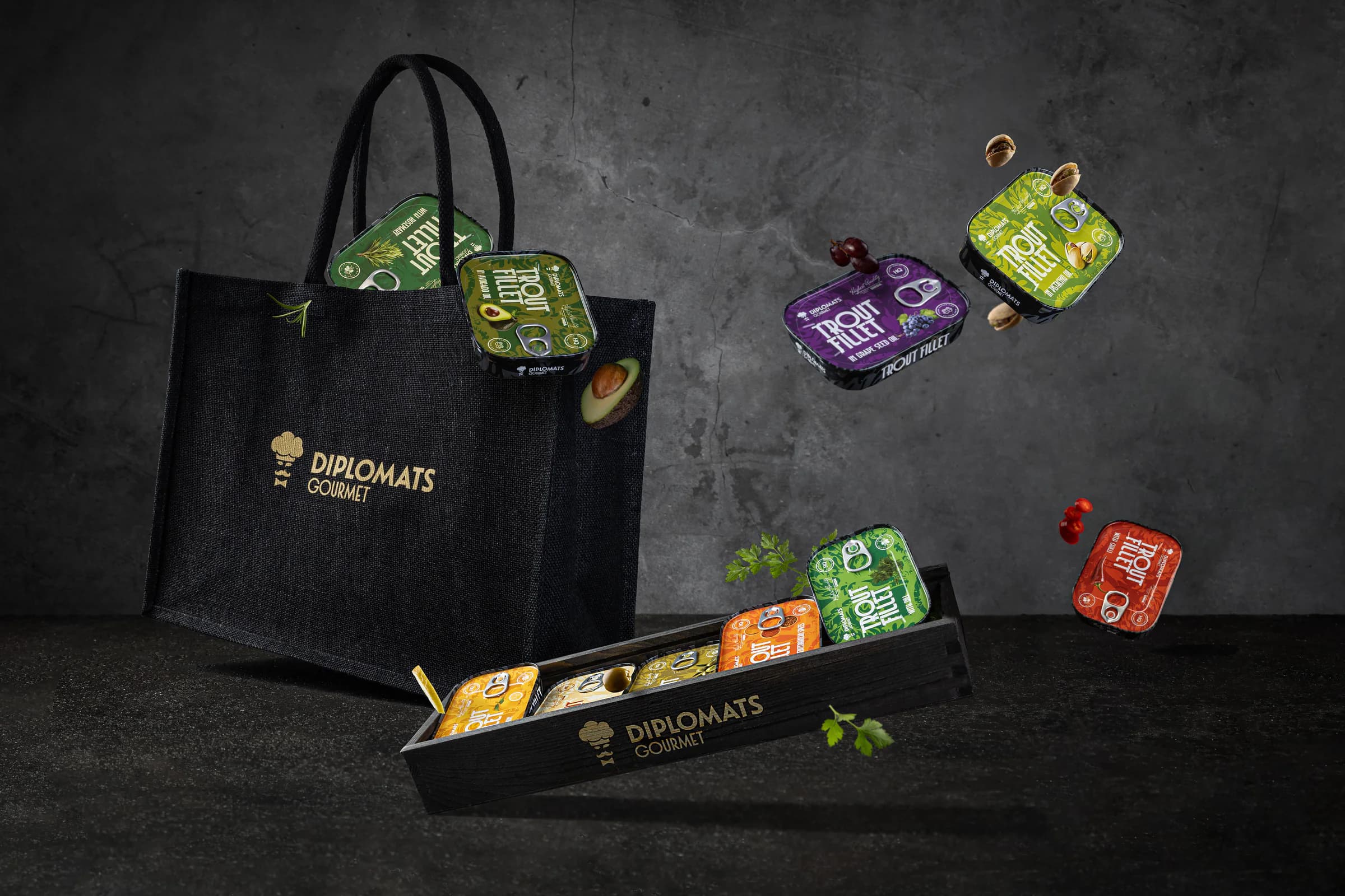 Diplomats trout fillet collection presented with branded packaging