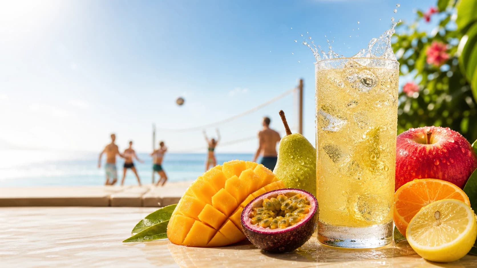 An ice-cold sparkling fruit drink with mango, passionfruit, pear, apple and citrus beside a sunny beach