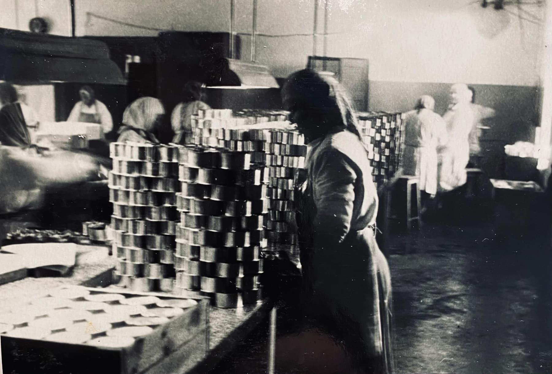 Engure production team working among stacks of seafood cans in the historical factory