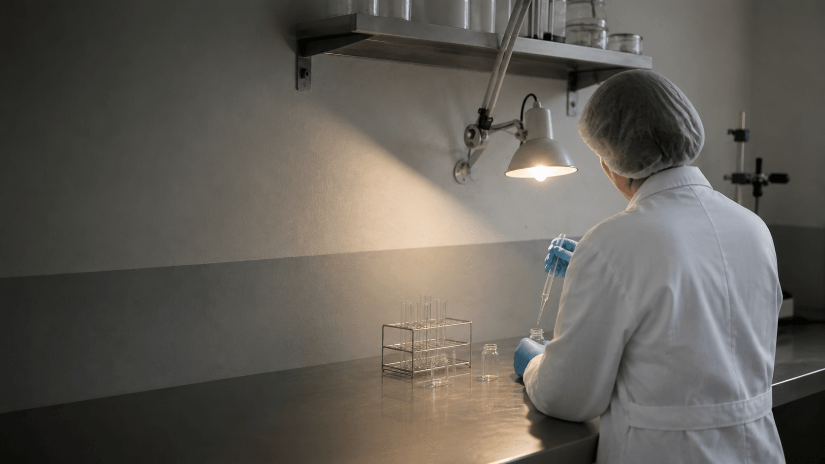Anonymous laboratory specialist seen from behind while conducting quality-control work