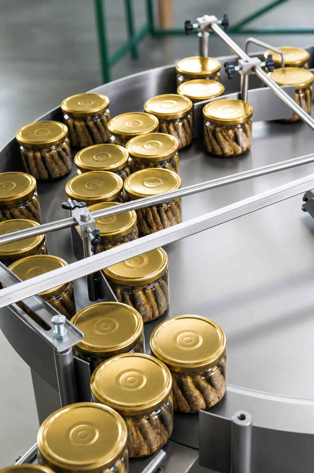 Released Diplomats glass jars moving through the finished-goods packing line in Engure